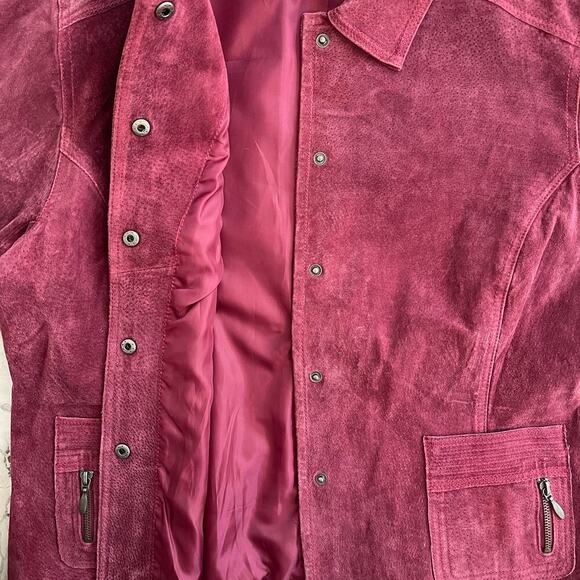 Chico’s Cranberry Burgundy Leather Jacket Snap Front Zip Pockets Size 3 (16-18) - Picture 6 of 8